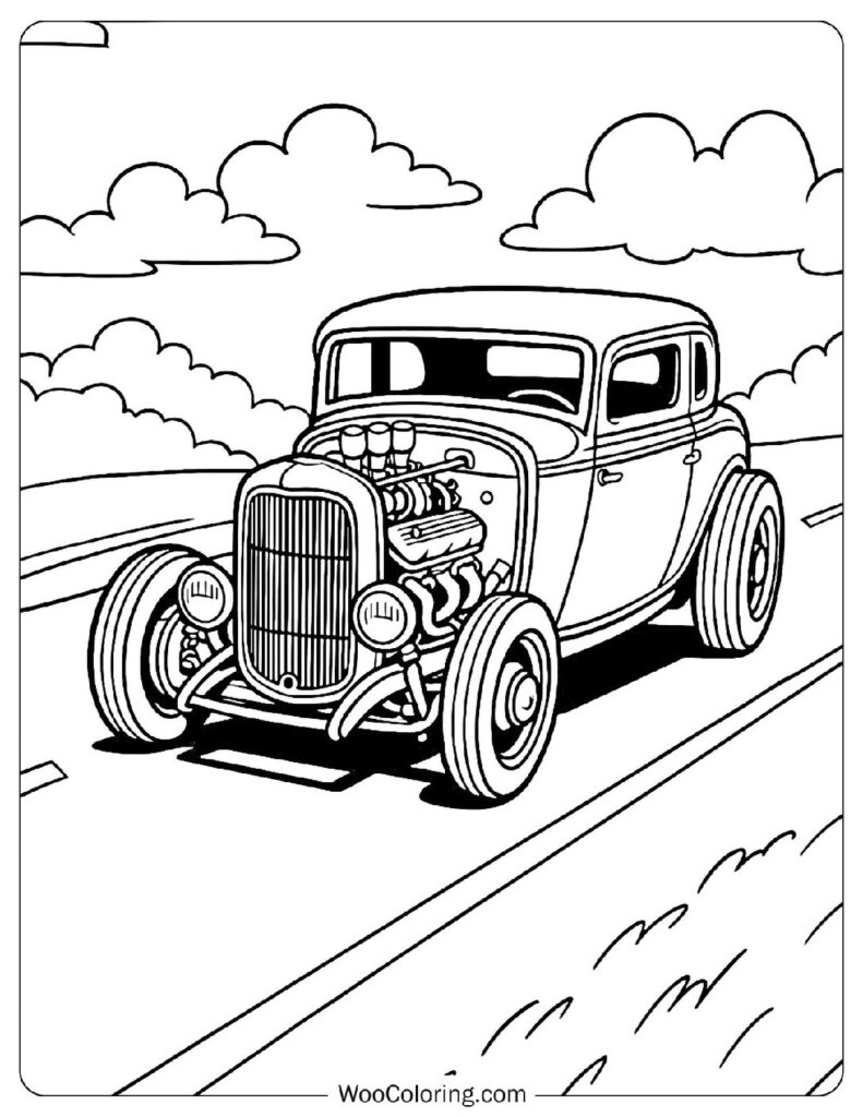 1932 Ford Coupe Hot Rod Driving Down a Country Road Coloring Page