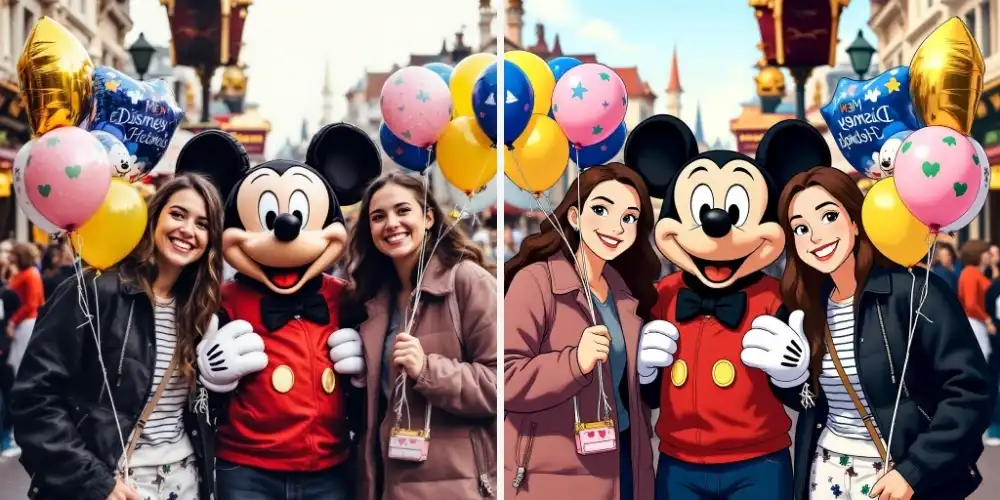 Photo of friends with Mickey Mouse and balloons transformed into Disney style cartoon art
