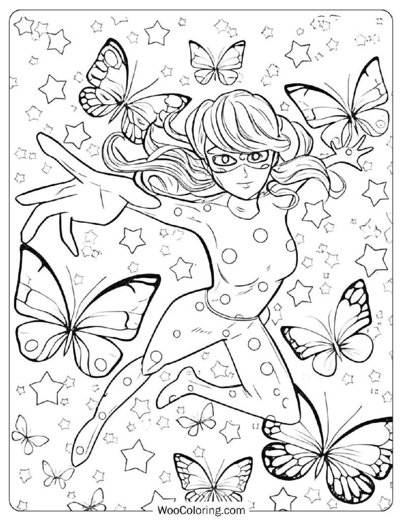 Action Pose Ladybug Coloring Picture Surrounded By Butterflies