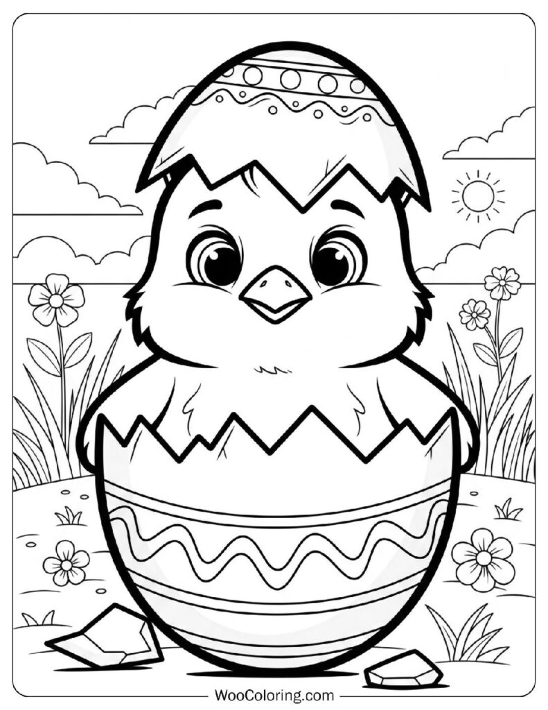 Adorable Baby Chick Peeking Out of an Easter Egg Coloring Page for Kids