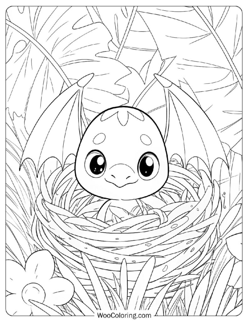 Adorable Baby Pterodactyl in a Tropical Nest Coloring Page For Kids