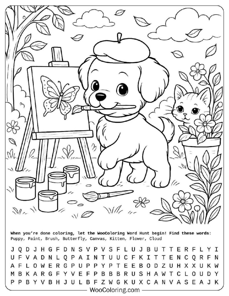 Adorable Cute Puppy Painting Flowers in the Garden