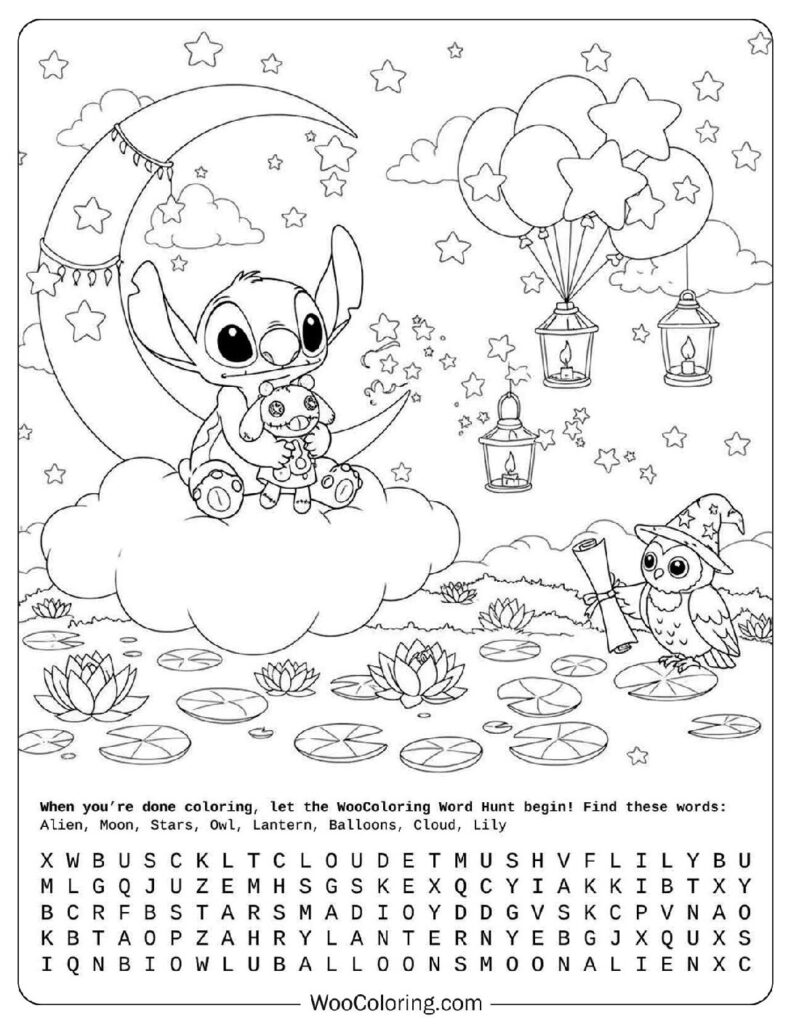 Adorable Cute Stitch Sitting on a Moon Coloring Sheet For Preschoolers