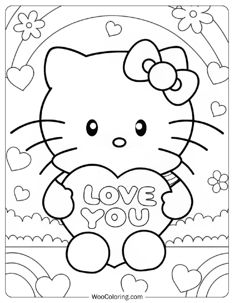 Adorable Hello Kitty Holding I Love You Heart Coloring Page