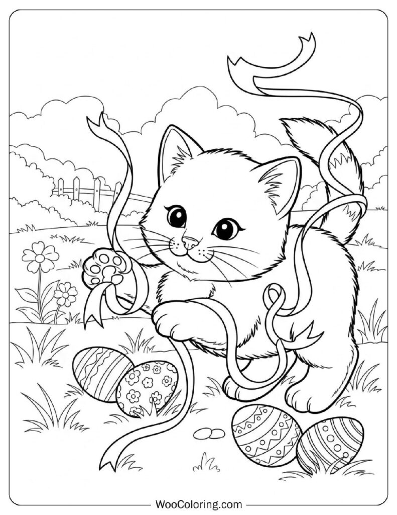 Adorable Kitten Playing with Easter Ribbons