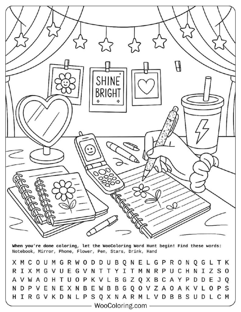 Aesthetic Preppy Desk Scene with Fairy Lights and Quotes Coloring Page