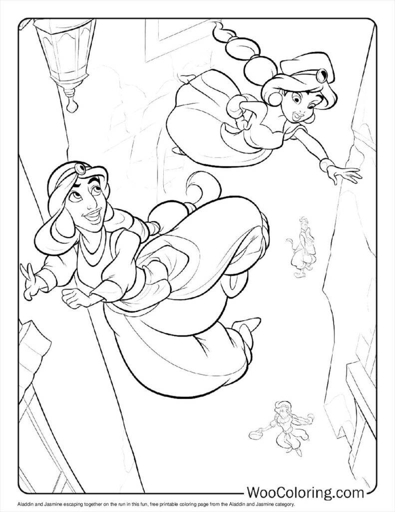 Aladdin and Jasmine on the Run Coloring Page