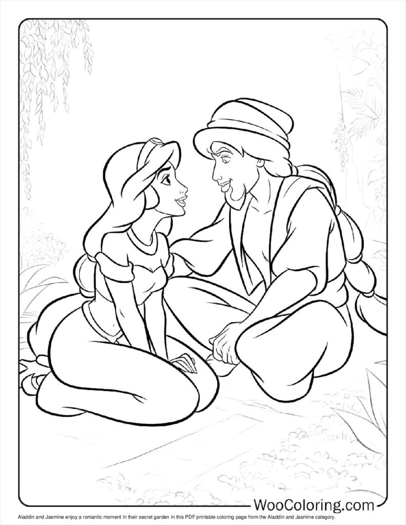 Aladdin and Jasmine's Secret Garden Moment Coloring Sheet