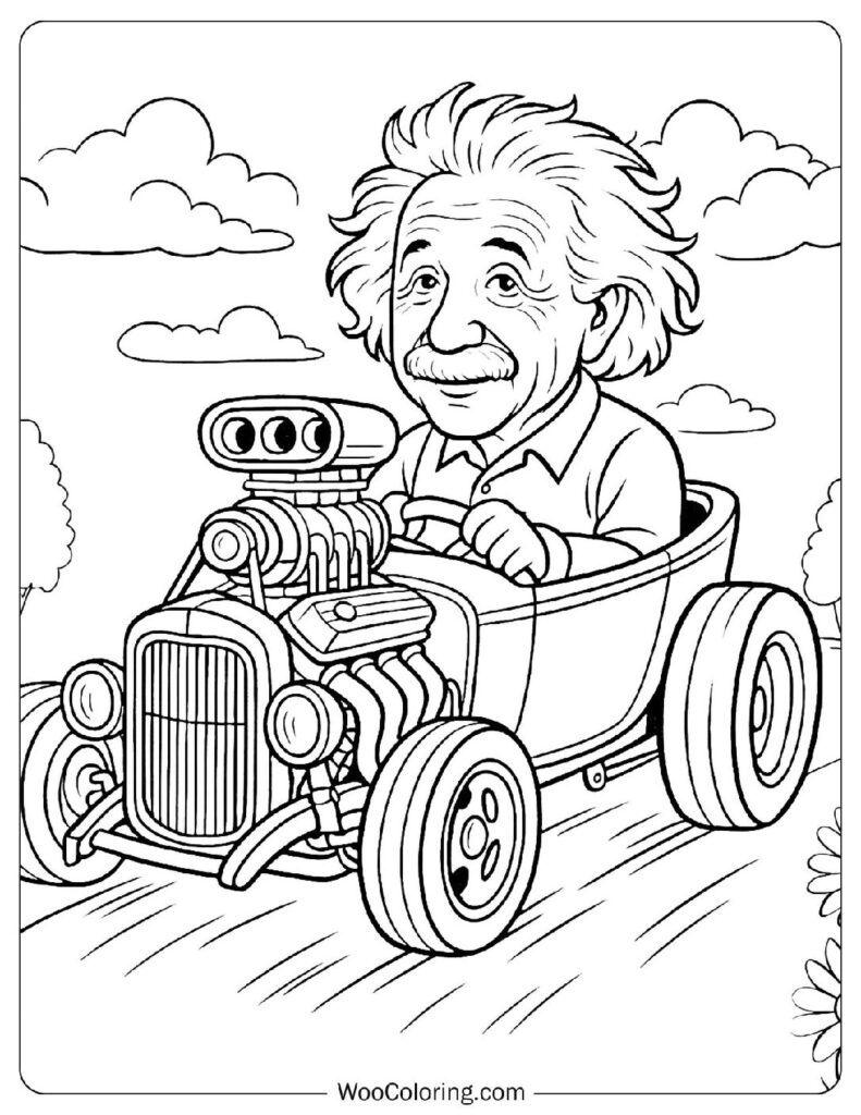 Albert Einstein Driving a Blown Hot Rod Through the Countryside