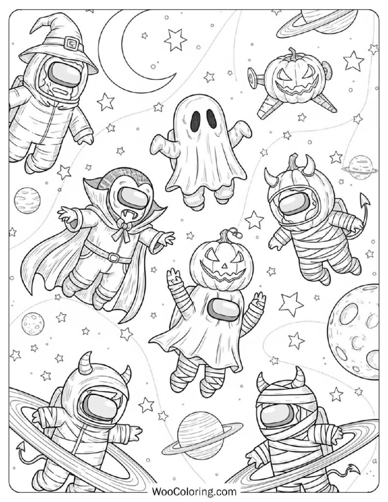 Among Us Spooky Crewmates coloring page