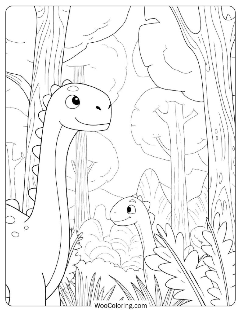 Ancient Forest with Grazing Dinosaurs and Triceratops Coloring Sheet
