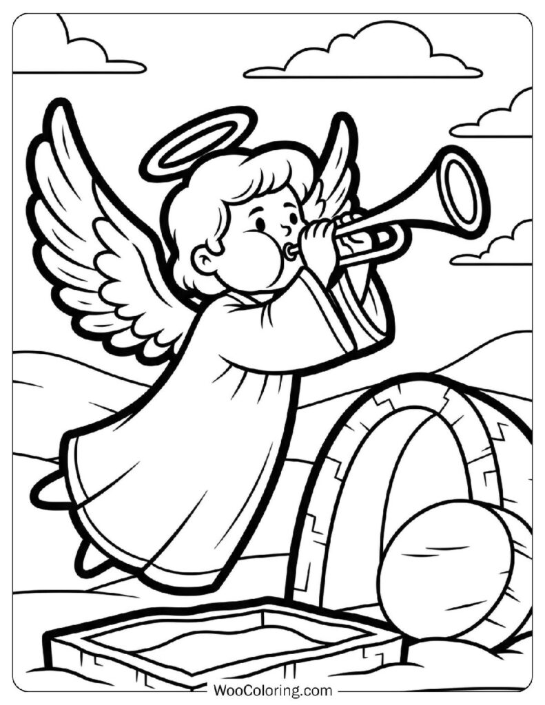 Angel Blowing a Trumpet over the Empty Tomb Coloring Sheet for Preschoolers
