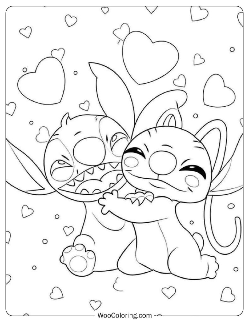 Angel Hugging Stitch with Hearts Background