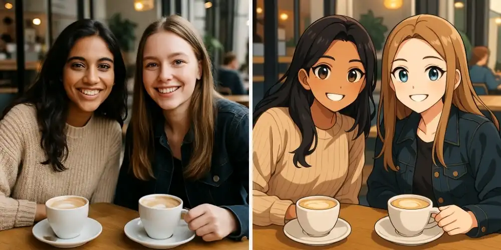 Two girls at a café photo transformed into anime style illustration