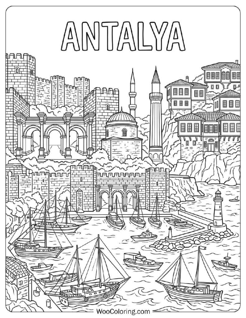 Antalya Coastline with Ancient City Walls and Harbor View Coloring Sheet