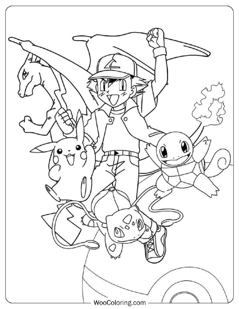 Ash Character with Pikachu, Bulbasaur, Charmander and Squirtle