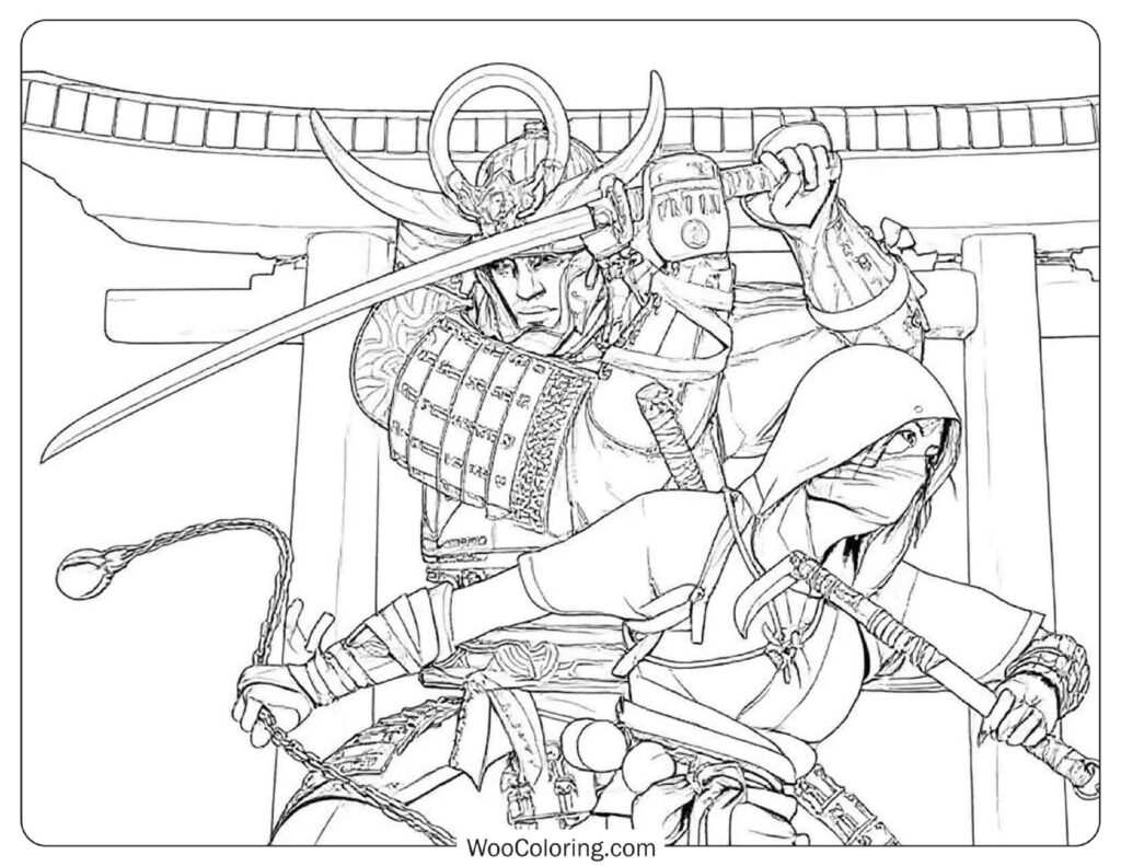 Assassin’s Creed Shadows with Katana and Hidden Blade Coloring Sheet