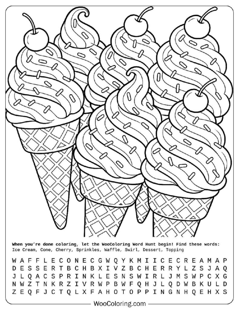 Summer coloring page of ice cream cones with sprinkles and cherries in repeating pattern