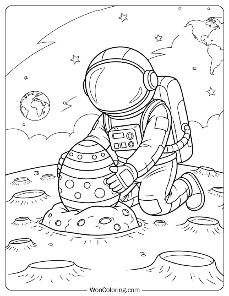 Astronaut Finding an Easter Egg on the Moon Coloring Sheet for Kids