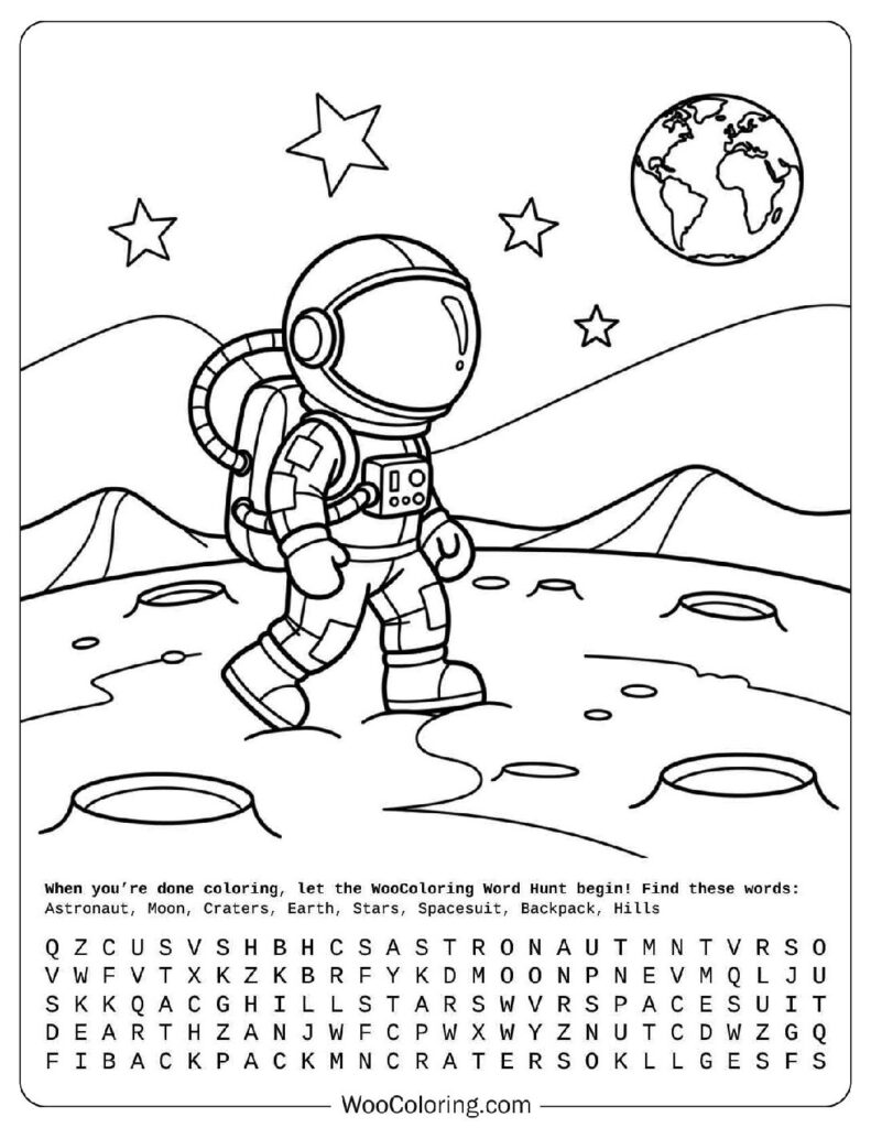 Astronaut Walking on Moon Crater Coloring Sheet for Kids