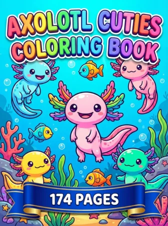 Children’s coloring book cover titled “Axolotl Cuties Coloring Book” with five smiling cartoon axolotls in pink, blue, yellow, and green underwater. Colorful fish, bubbles, coral, sea plants, and a blue ribbon reading “174 Pages” create a bright, playful scene.