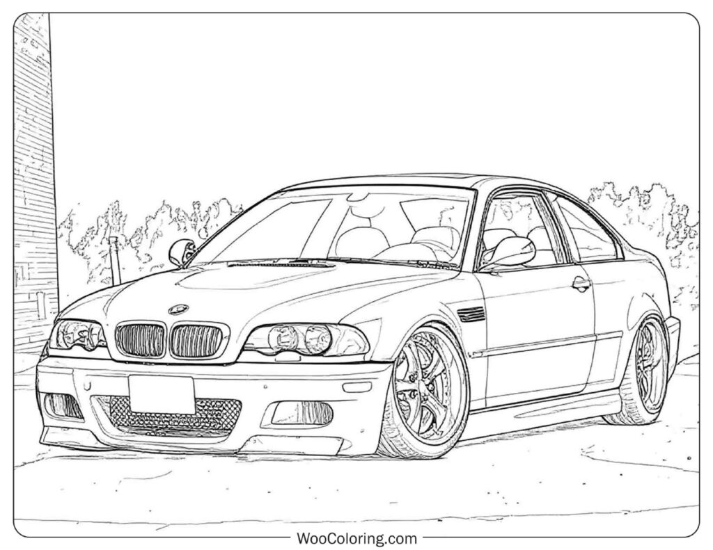 BMW M3 E46 Drifting Scene in Detailed Line Art for Coloring