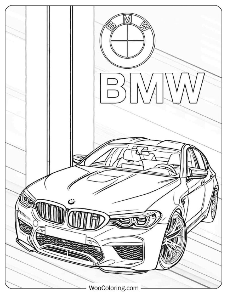 BMW M5 Coloring Page – High-Performance Sports Sedan Outline for Kids & Adults