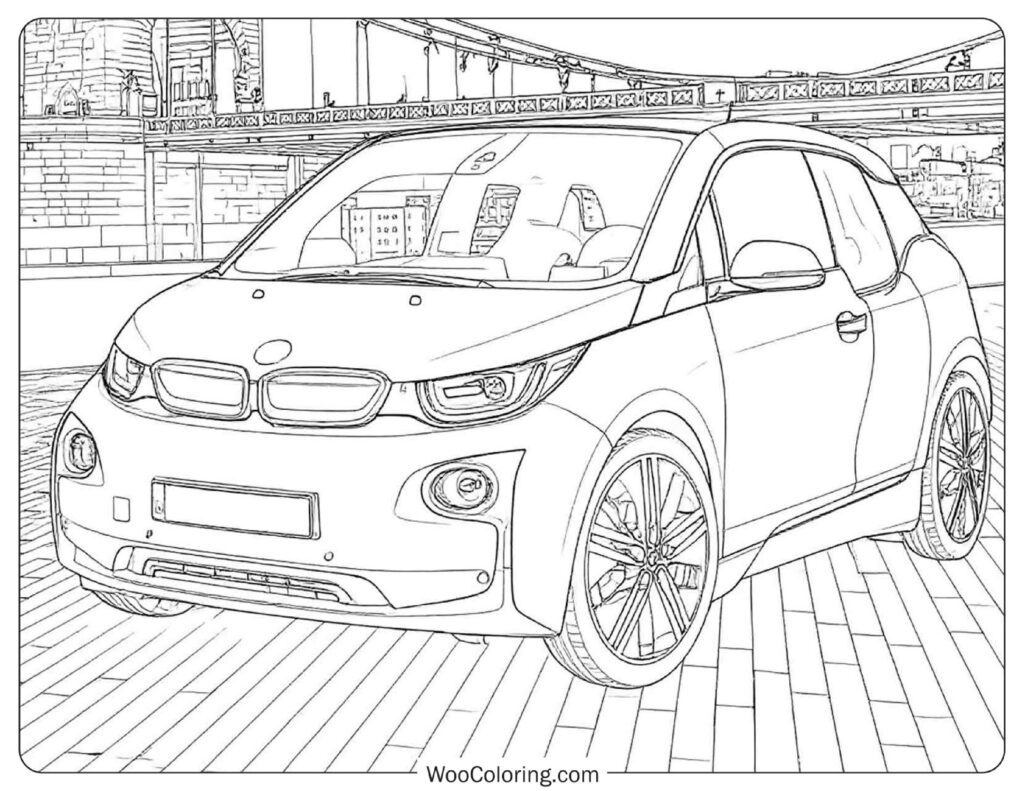 BMW i3 City Scene Coloring Sheet for Kids
