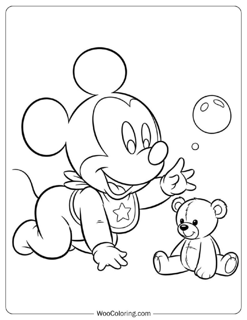 Baby Mickey Mouse Crawling with Bubble Coloring Sheet for Preschoolers