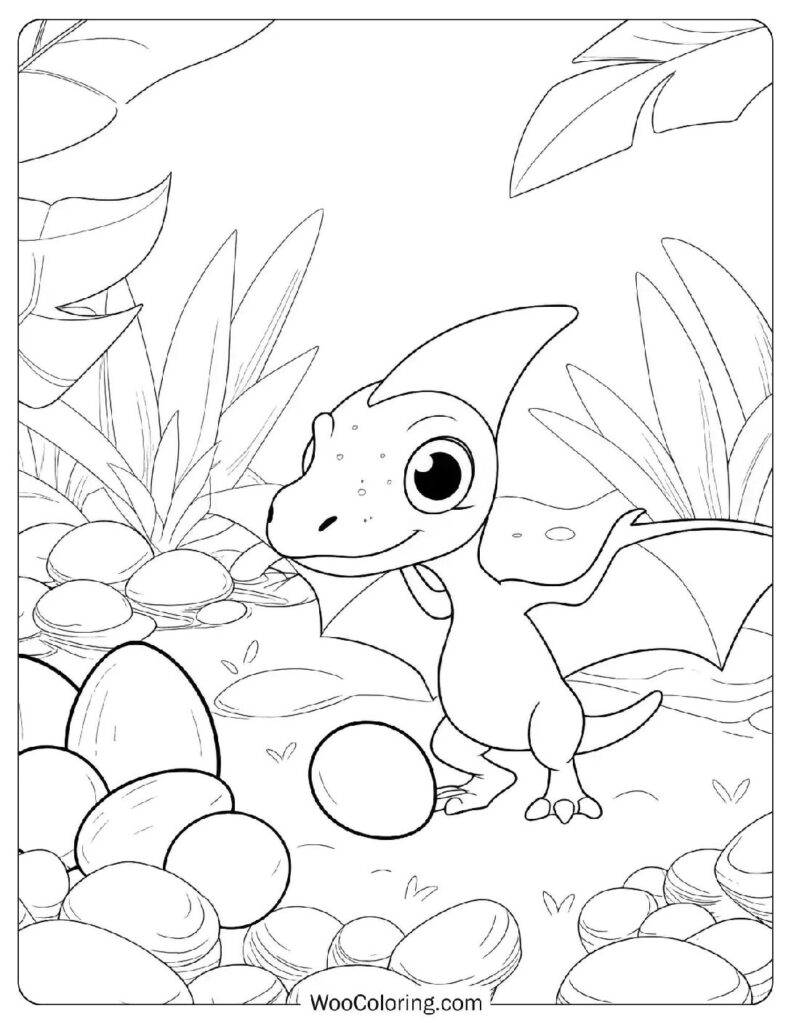 Baby Pterodactyl with Eggs Coloring Sheet For Kids