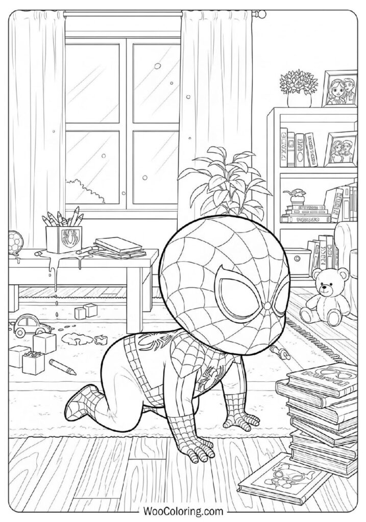 Baby Spiderman Crawling and Discovering New Adventures in the Living Room