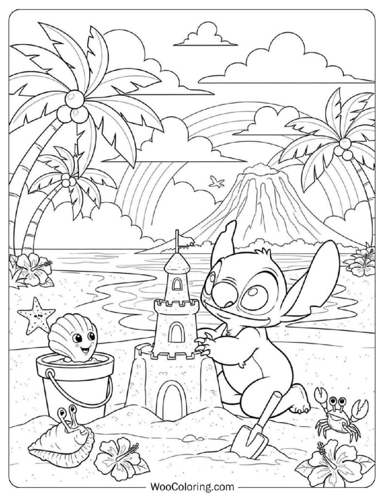 Baby Stitch Building Sandcastle on Hawaiian Beach Coloring Sheet