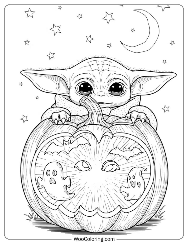 Baby Yoda with Halloween Pumpkin coloring page