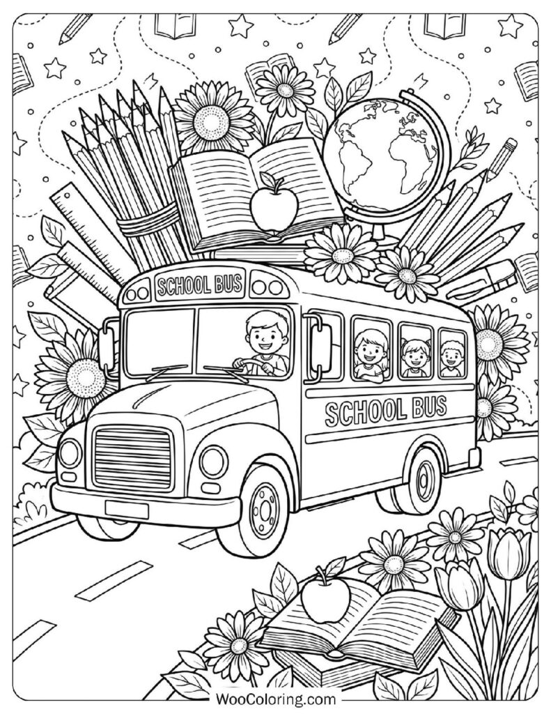 Back to School Bus with Pencils Globe Books and Flowers
