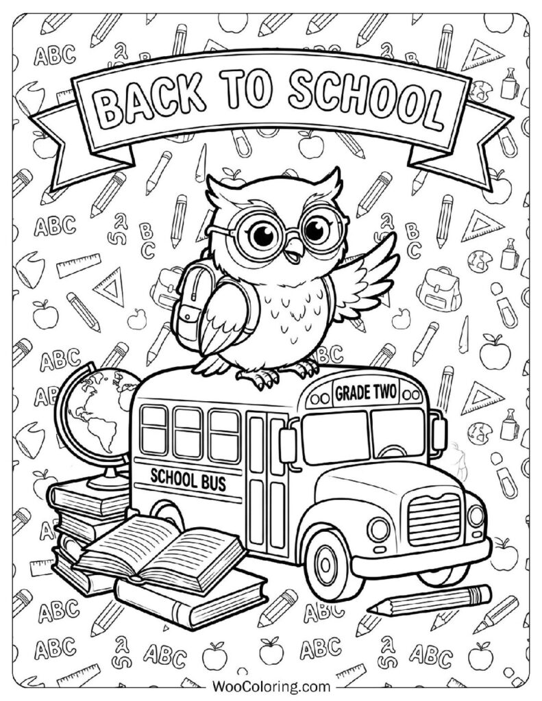 Back to School Grade Two Sign with Owl Bus and Books Coloring Sheet for Kids
