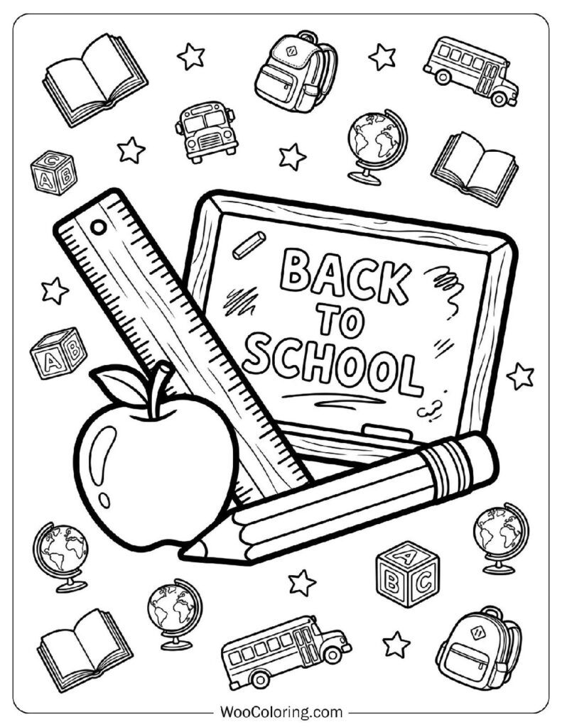 Back to School Ruler Pencil Apple and Blackboard Scene Coloring Page