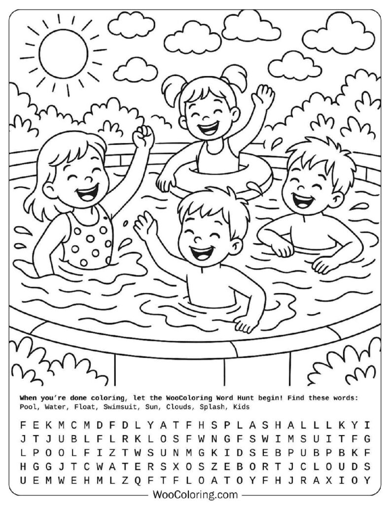 June coloring page
  with kids splashing and laughing in a backyard pool under the summer sun