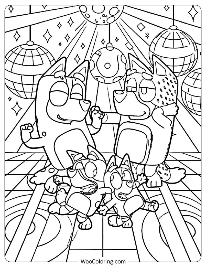 Bandit, Chilli, Bingo, And Bluey Dancing By The Waves Coloring Sheet For Preschoolers