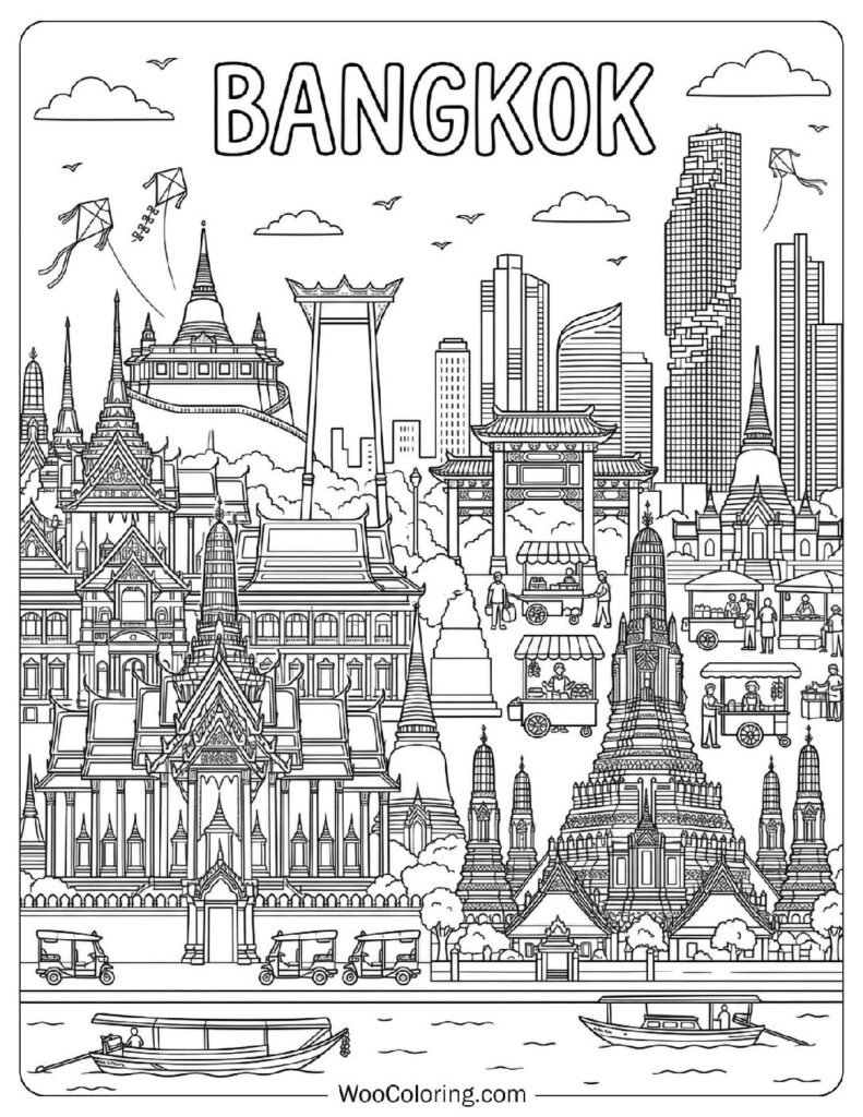 Bangkok Skyline with Grand Palace and Wat Arun Temples Coloring Page