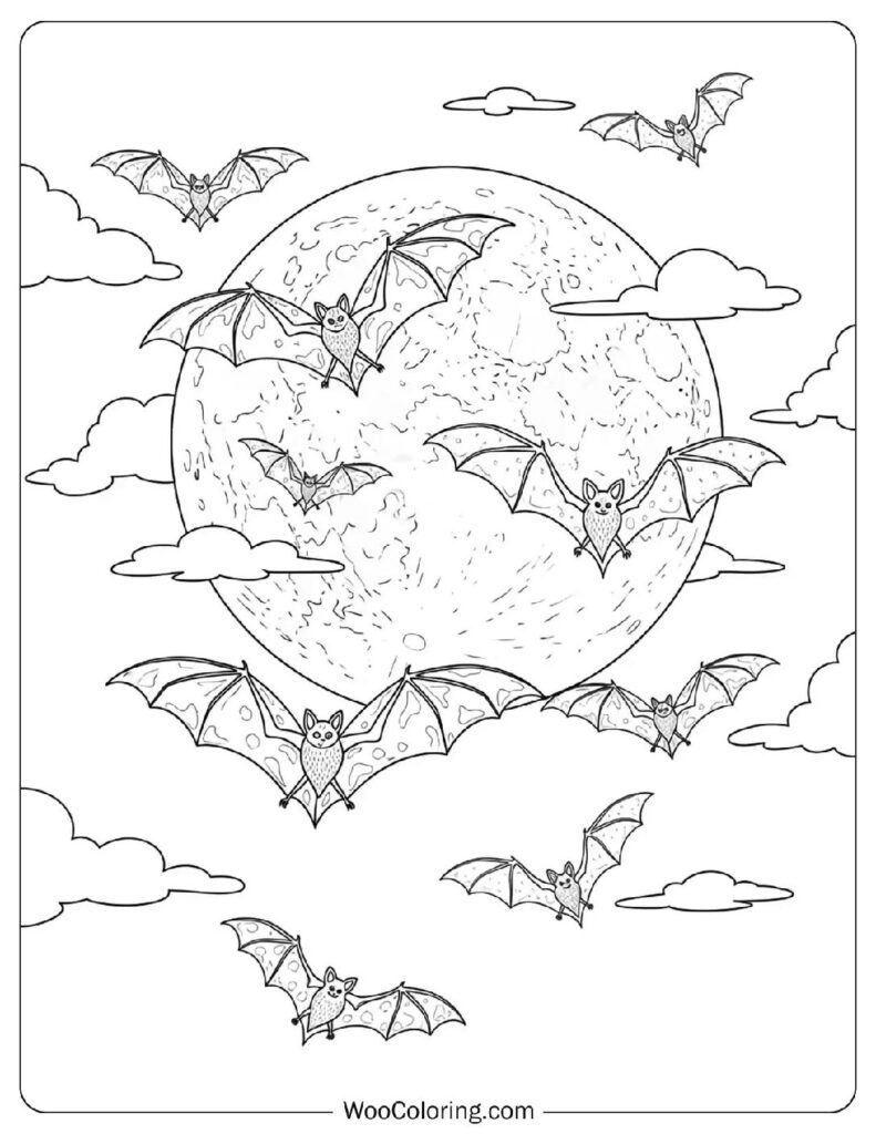 Bats Flying Across the Moon coloring page