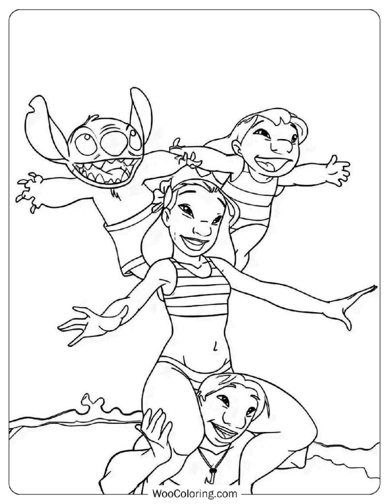 Beach Fun with Nani, David, Lilo & Stitch Coloring Sheet for Kids