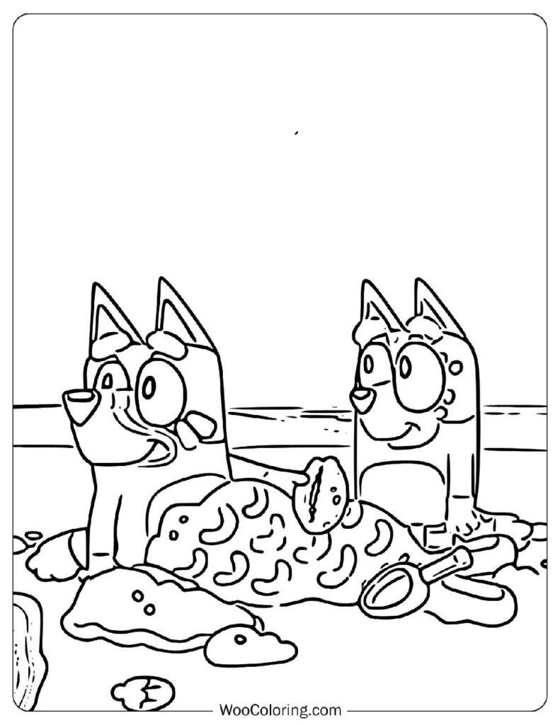 Beach Scene With Happy Bingo And Bluey Coloring Page