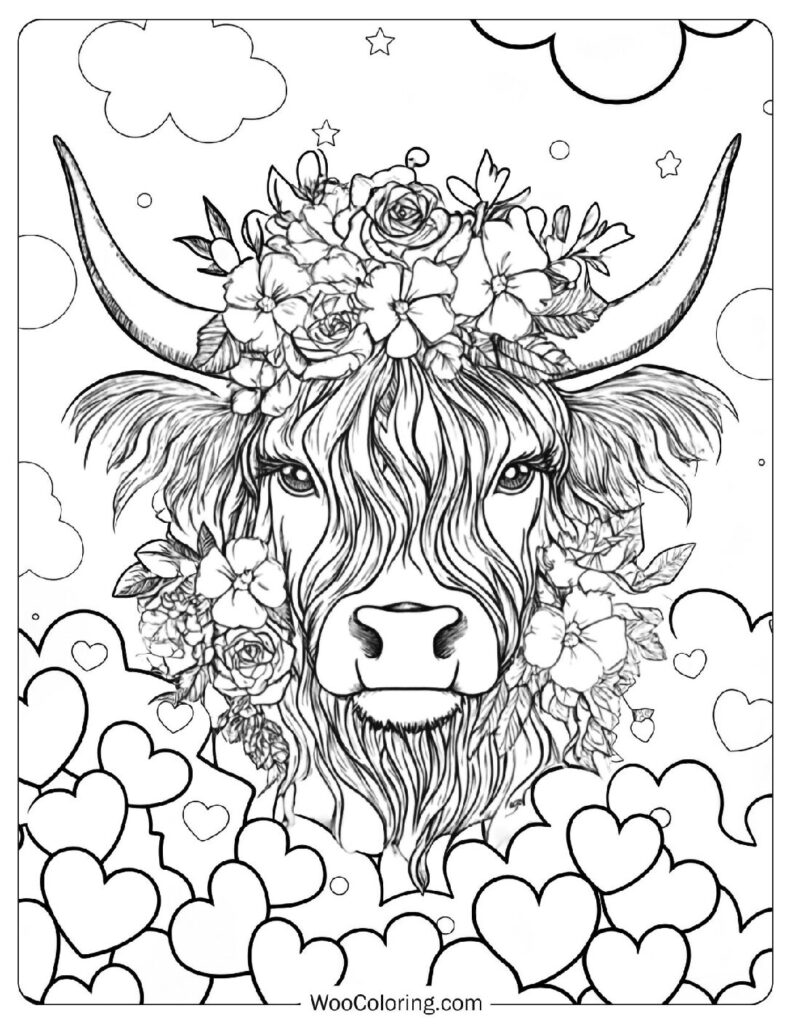 Beautiful Floral Highland Cow Coloring Sheet