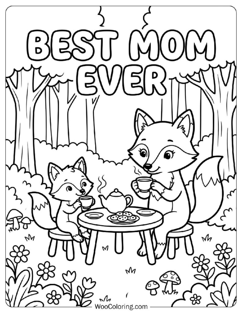 Best Mom Ever Words with Mama and Baby Fox Drinking Tea