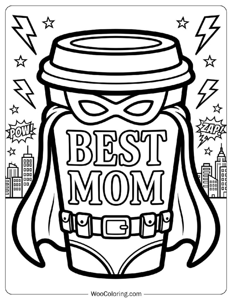 Best Mom Words on a Decorative Coffee Cup Coloring Sheet for Kids