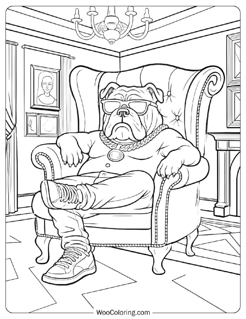 Powerful Boss Bulldog Reclining in a Luxury Chair Inside a Lavish Mansion Office