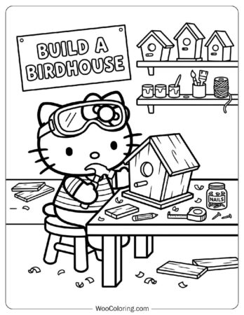 Coloring page of Hello Kitty wearing safety goggles and building a birdhouse at a spring workshop table, with a Build a Birdhouse sign, finished birdhouses on a shelf, paint cans, and nails.