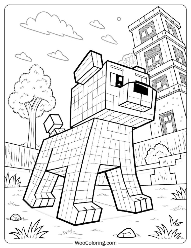 Blocky Minecraft Style Dog in Simple Pixel Art Design for Easy Coloring