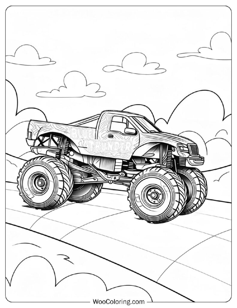 Blue Thunder Monster Truck Speeding Across a Dirt Track with Loud Engines Coloring Page for Kids