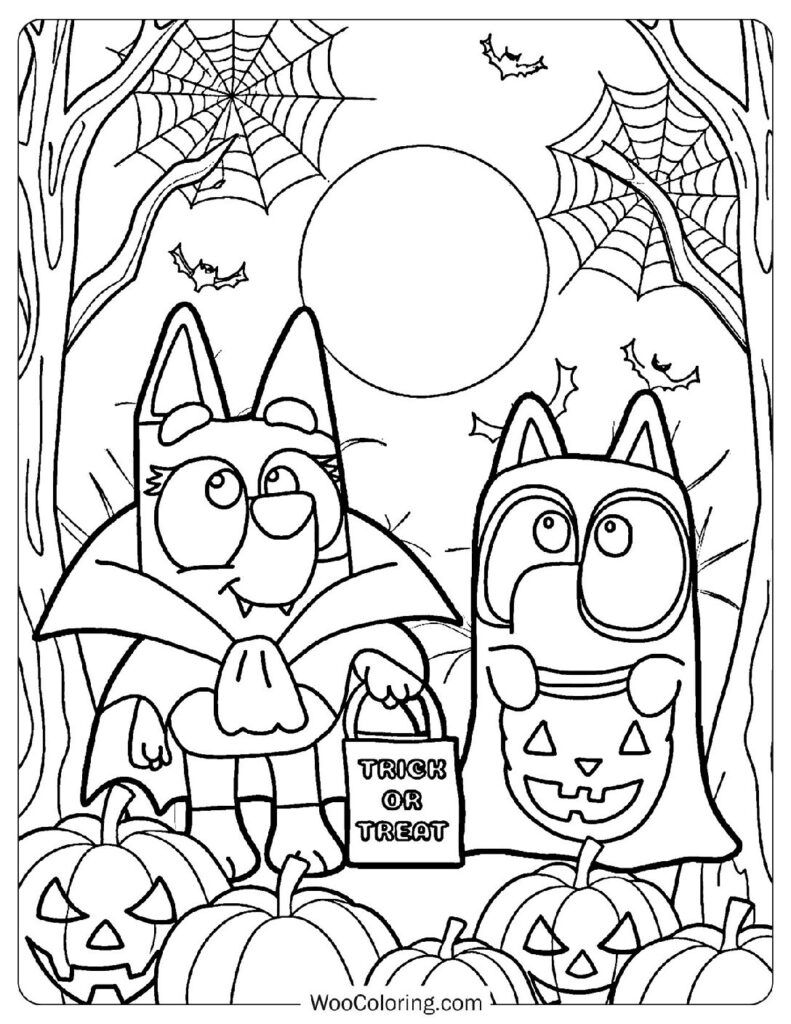 Bluey And Bingo Spooking In Halloween Costumes Coloring Page For Kids